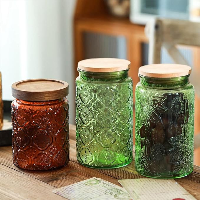 ANSQU Green Glass Canister, 34oz Candy Jar with Lid, Vintage Colored Mason Jars for Kitchen Decorative Jar for Coffee Tea Candy Cookies, Cute Jars (Green, 1 Pack)
