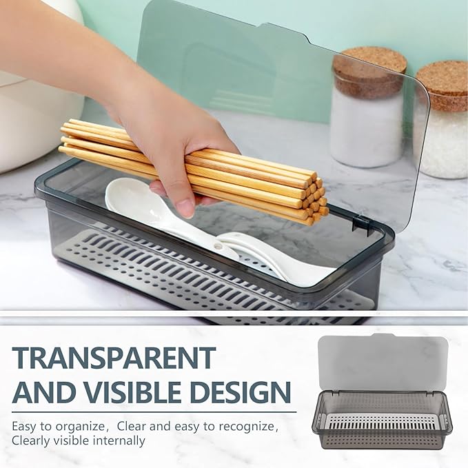 2PCS Flatware Tray with Lid and Drainer, Tableware Utensil and Cutlery Drawer Organizer with Lid Covered Silverware Tray to Keeps Your Cutlery Organized and Protected,Grey
