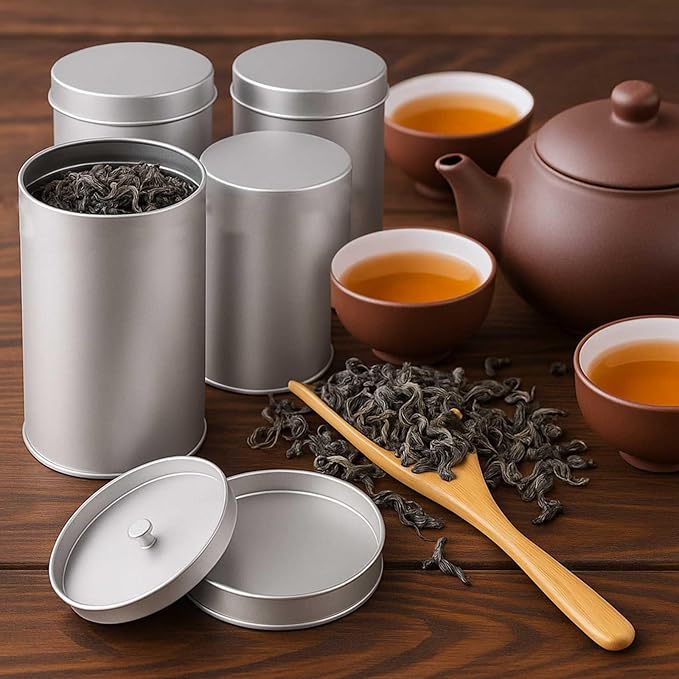 6 Pack Tea Tin Canister with Airtight Double Lids, 12 Fluid Oz Round Metal Canisters – Small Kitchen Storage Containers for Tea, Coffee, Candy, Sugar, Spices (Silver)