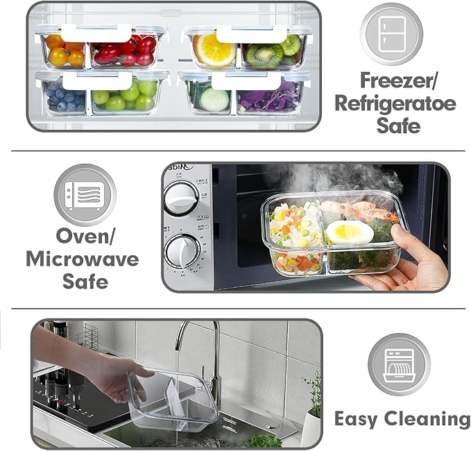 VERONES 10 Pack Glass Meal Prep Containers 2 Compartment Set, 30 OZ Airtight Glass Lunch Containers, Food Storage Containers with Lids, for Microwave, Oven, Freezer & Dishwasher Friendly,White