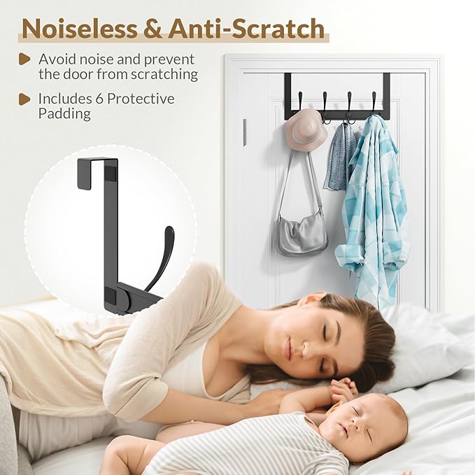 2 Packs Over The Door Hooks with 4 Tri Hooks, Heavy Duty Over Door Hanger for Bathroom Closet Bedroom Kitchen Dorm Room, Towel Coat Rack Home Organizer for Hanging Clothes Coat Hat Jacket (2, Black)