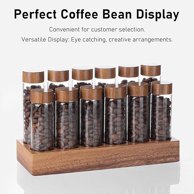 Coffee Bean Storage Tubes Single Dose, 6PCS or 12PCS Coffee Bean Cellar, Dosing Glass Vials with Lids, Wooden Display Stand and Funnel, Airtight Sealed Glass Canister Jars Tubes