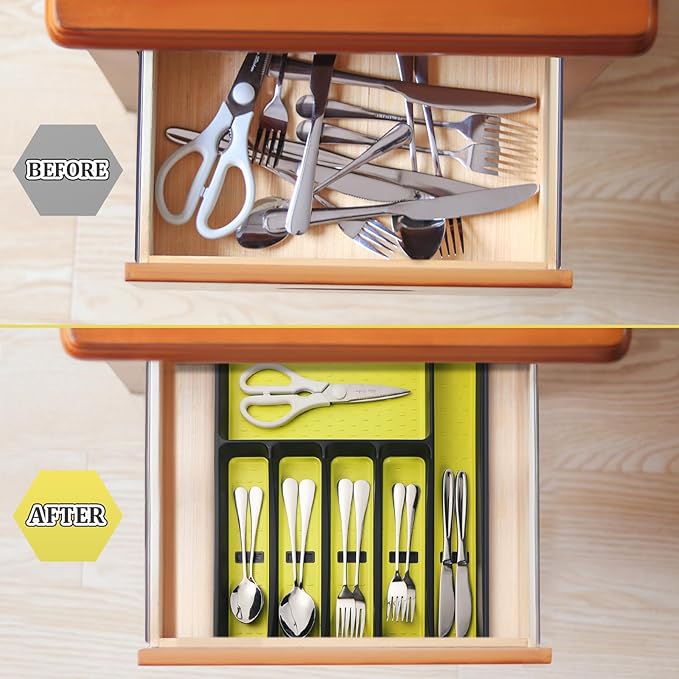 Silverware Organizer with Cutlery Icons,Silverware Tray for Kitchen Drawer,Plastic Flatware Tableware Cultery Drawer Organizer Utensil Organizer with Non-slip TPR Linings,6-Compartment,Yellow