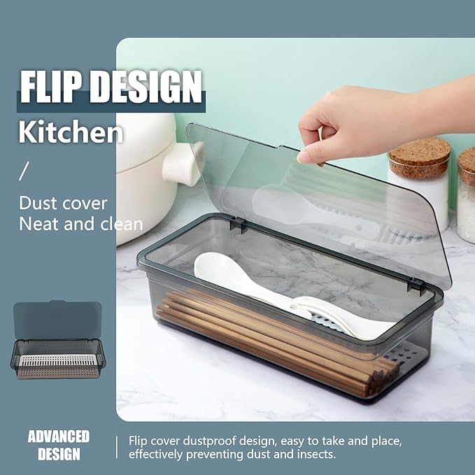 SUNSHNO 2PCS Flatware Tray with Lid and Drainer, Tableware Utensil and Cutlery Drawer Organizer with Lid Covered Silverware Tray to Keeps Your Cutlery Organized and Protected