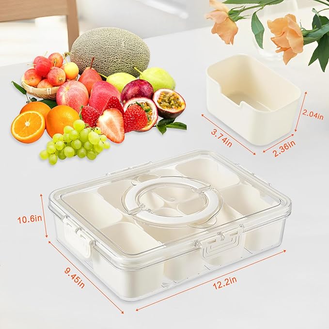 Snackle Box Container, 8 Compartment Divided Serving Tray with Lid and Handle, Snack Box Container for Candy, Fruit and Snacks, Great for Gatherings, Outings, Parties and Entertaining