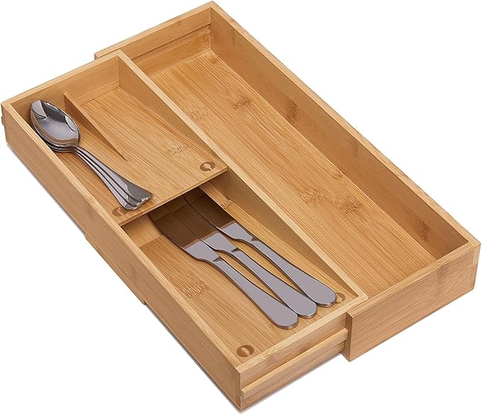 Bamboo Kitchen Drawer Organizer, Silverware Organizer Expandable Utensil Holder with Removable Knife Block, Cutlery Tray with Drawer Dividers for Kitchen Utensils and Flatware