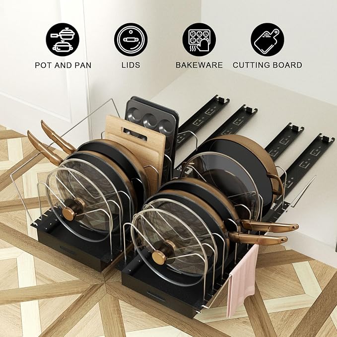 Golener Pots and Pans Organizer Under Cabinet - Pull Out Pot Pan Organizer Cabinet Pro, Pot Lid Holder for Kitchen, Slide Out Cabinet Organizer with Adjustable Dividers, Handles Bracket and Pull Shelf