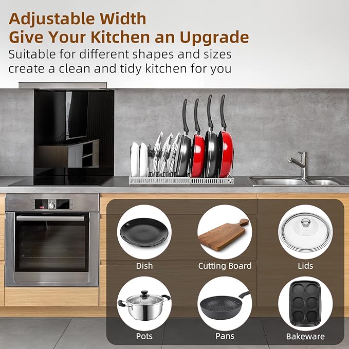 Expandable Pot & Pan Organizer - Grey Cabinet Rack with 10 Adjustable Compartments for Cookware, Baking & Frying Pans