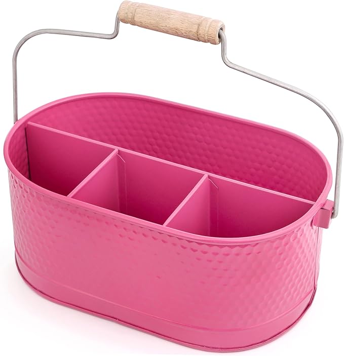 Alpha Living Home - Rustic Utensil Caddy – Metal & Wood Flatware Organizer with Handle – Silverware Holder for Kitchen Countertop, Picnic, BBQ, Parties – 4 Compartments – Bright Pink