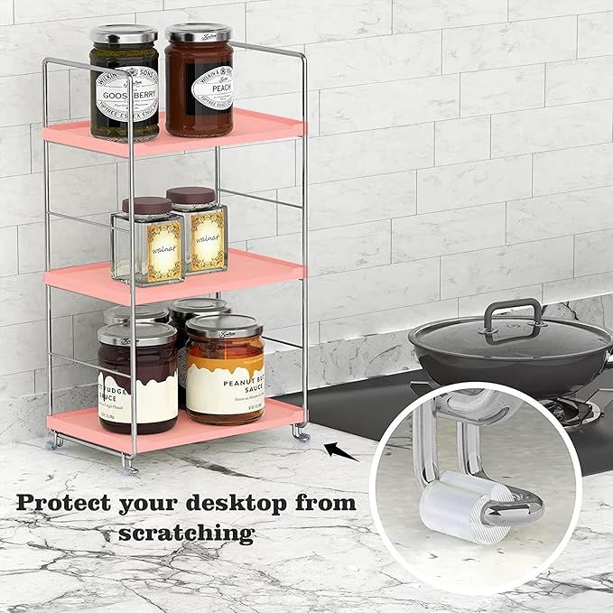 Cosmetic Storage Rack for Bathroom Countertop, 3-Tier Standing Shelf for Kitchen Organizer, Stackage Perfume and Bath Collection Organizer Tray (Pink&Silver)