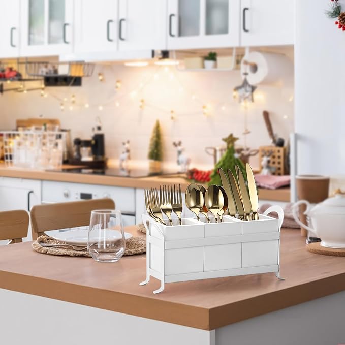 Wooden Utensil Caddy, Wood Silverware Holder with 3 Compartment, Farmhouse Kitchen Flatware Organizer with Metal Portable Handle, Utensil Cutlery Organizer for Forks Spoons Knives, White