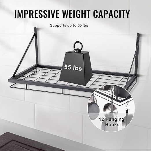 VEVOR Pot Rack Wall Mounted, 24 inch Pot & Pan Hanging Rack with 12 S Hooks, 55 lbs Loading Weight, Ideal for Cookware in Kitchen