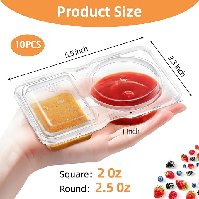 10 Pack Leak-Proof Dual Compartment Containers with Lids, Reusable Sauce Cups for Dips, Condiments, Snacks, Salads – Ideal for Catering, Parties & Takeout