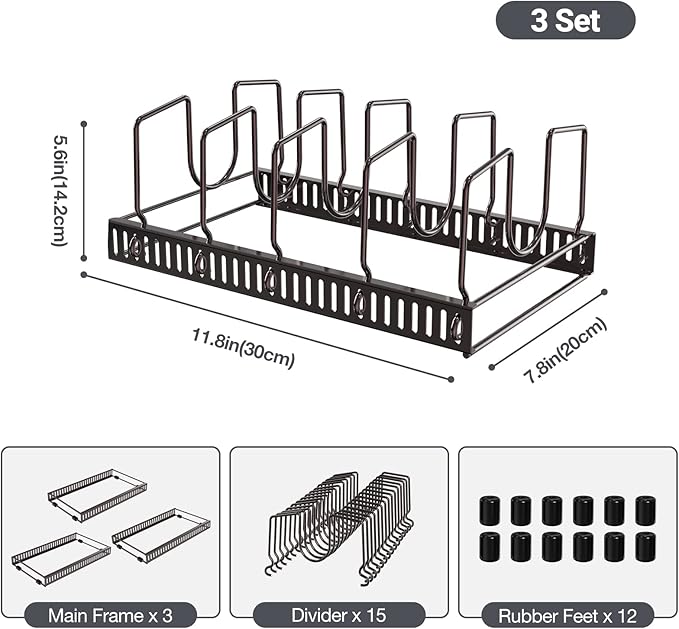 Puricon 15 Adjustable Dividers Pot Rack Pan Lid Organizer, 3 in 1 Skillet Griddle Cutting Board Baking Holder, 3 Pack Cookware for Kitchen Cabinet Cupboard Pantry Storage -Bronze
