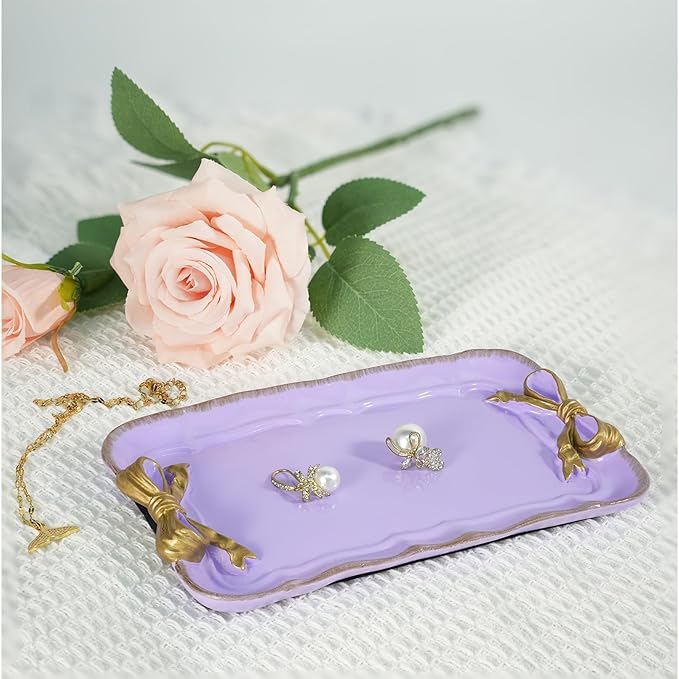 Vintage Decorative Tray Jewelry Tray Towel Tray Storage Tray Rings Necklace Bracelets Earrings Trays Cosmetics Jewelry Organizer Retro Design Bow Decor Resin Plate Coquette Room Decor (Purple)