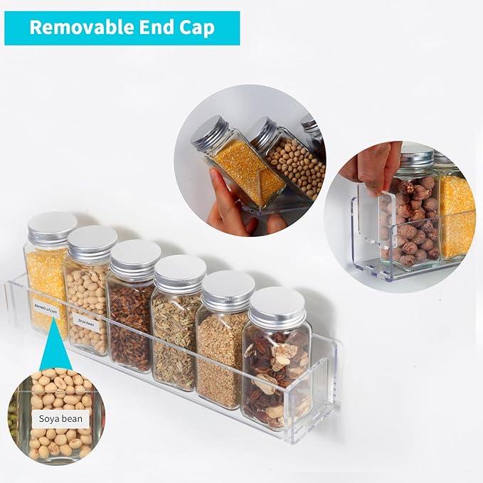 Acrylic Spice Rack Attached to the Wall for Kitchen Cabinet Doors or Hanging spice rack, RV spice rack, Hook & Loop, Bid Farewell to Dislodging Wall Mounted Acrylic Removable Rack (2 Pieces - Clear)