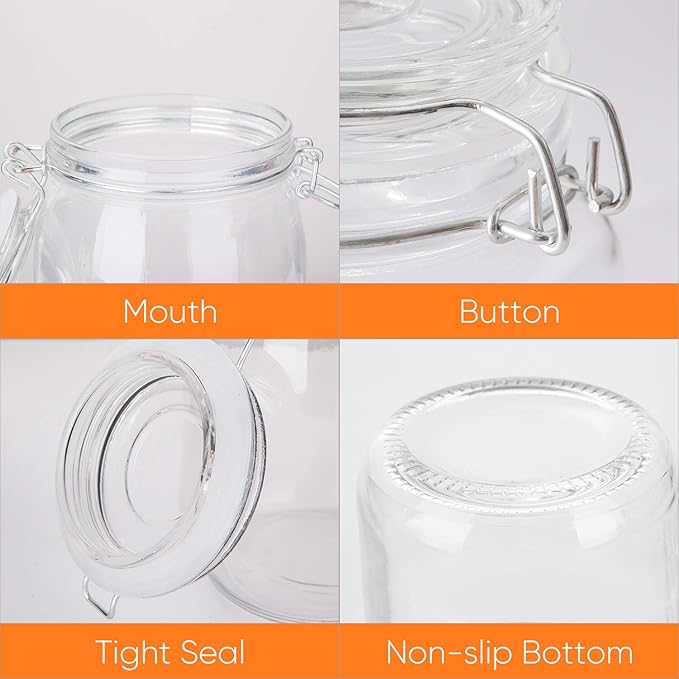 Glass Kitchen Storage Canister Mason Jars with Lids,32oz Airtight Glass Canister with Hinged Lid,Perfect for Kitchen Canning Cereal,Pasta,Sugar,Beans (Labels & Chalk Marker)-Set of 4