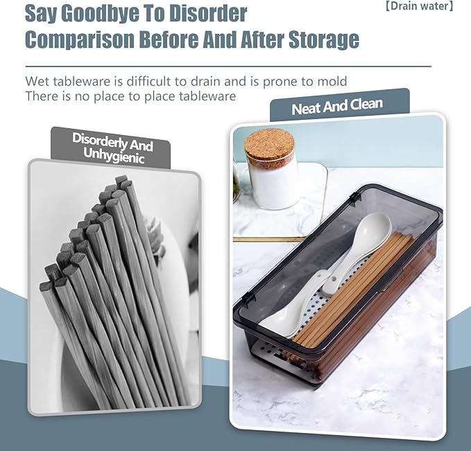 3PCS Flatware Tray with Lid and Drainer, Tableware Utensil and Cutlery Drawer Organizer with Lid Covered Silverware Tray to Keeps Your Cutlery Organized and Protected,Grey