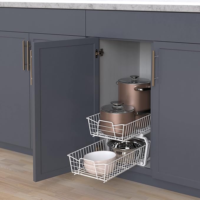 ClosetMaid Pull Out Cabinet Organizer 2, Heavy Duty, Slide Out Pantry Shelves Drawers for Kitchen, Bathroom, White, 11-Inch Two Tier