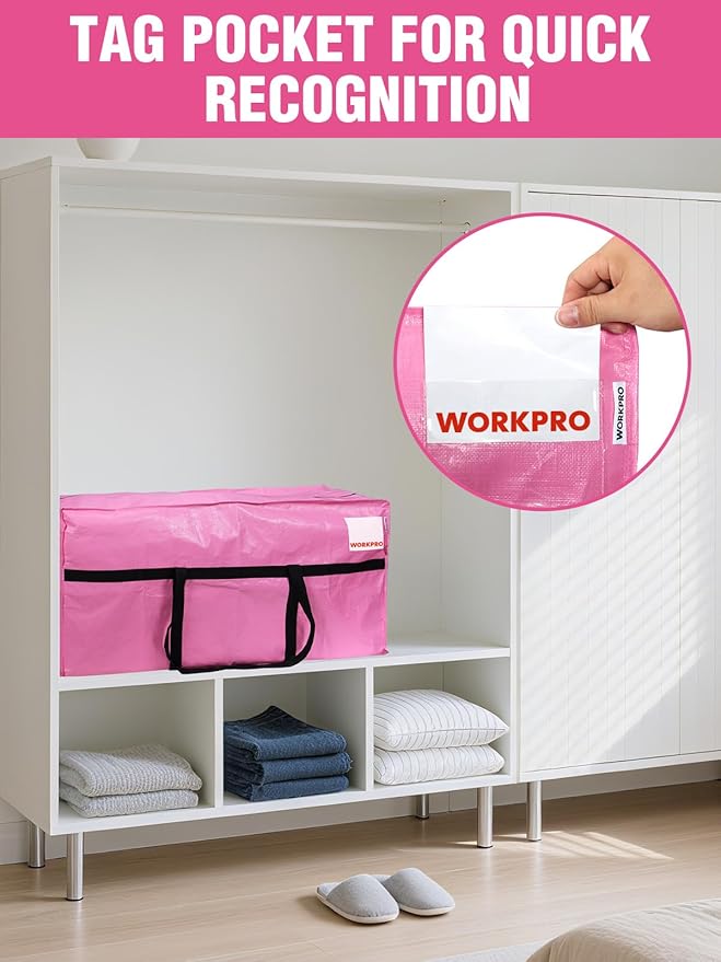 WORKPRO 2-Pack 66 Gallon Extra Large Moving Bags with Zippers, Carry Handles, Heavy-Duty, Water-Resistant Storage Totes for Moving & Space-Saving Organization, Pink