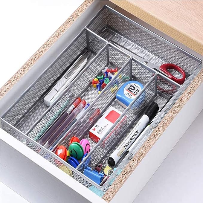 Silverware Tray for Drawer, Silverware Organizer, Metal Drawer Organizer Kitchen Utensils with Foam Feet Multi Compartments Cutlery Organizer in Drawer (SLIVER)