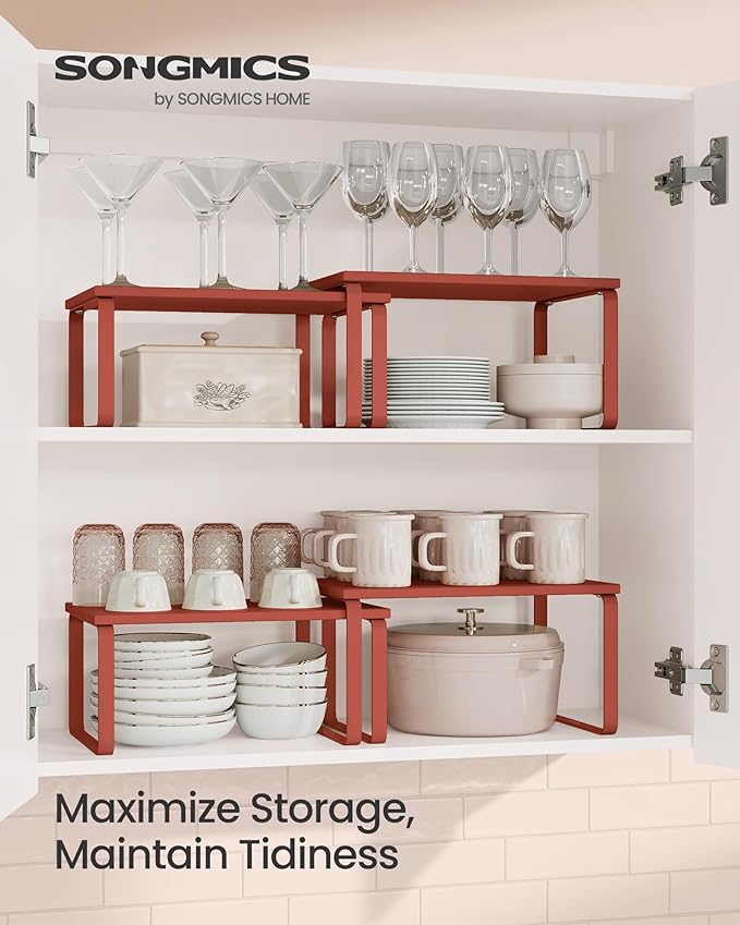 SONGMICS Cabinet Organizer Shelf, Set of 2 Kitchen Counter Shelves, Kitchen Storage, Spice Rack, Stackable, Expandable, Metal and Engineered Wood, Mandarin Red UKCS002Y02