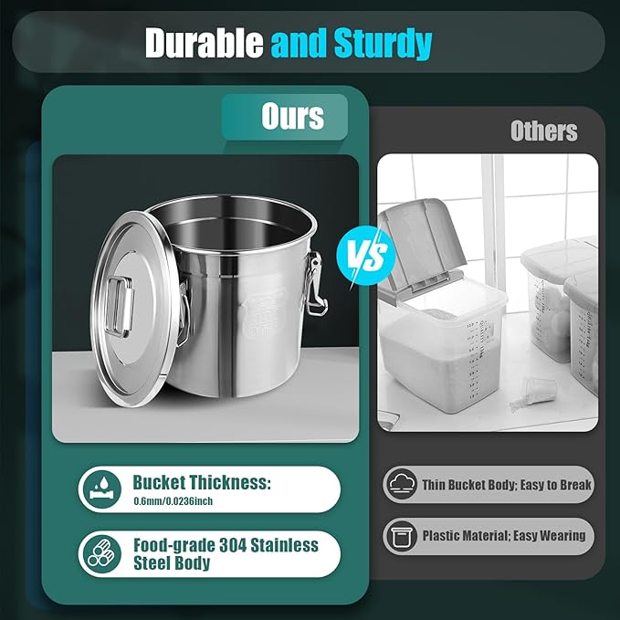 12L Stainless Steel Airtight Canister Rice Cereal Grain Canisters Container Food Oil Sugar Milk Storage Bucket w/Handles+Lid Cylinder Jar for Household Kitchen Bar Restaurants Silver (12L)