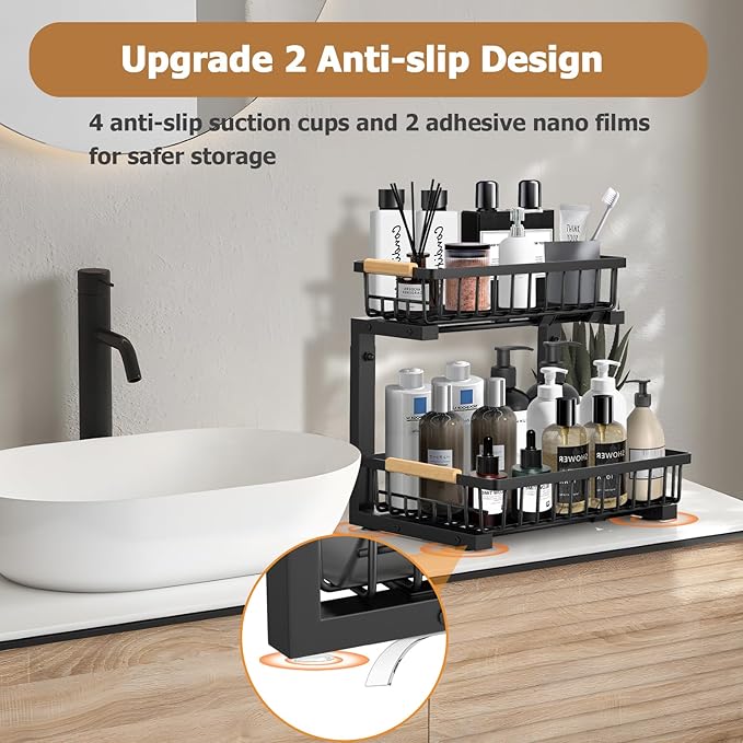 2 Pack Under Sink Organizer, Metal Slide Out Under Sink Organizers and Storage Shelves, Height Adjustable Pull Out Under Cabinet Organizer, Under Sink Storage for Kitchen, Bathroom (Black)