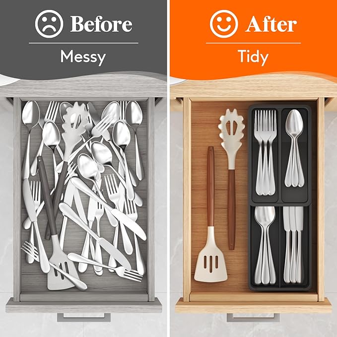 Lifewit Compact Silverware Organizer for Kitchen Drawer, Narrow Flatware Tray Holder, Plastic Cutlery Spoons, Forks and Knives Storage, Black, 3 Pack