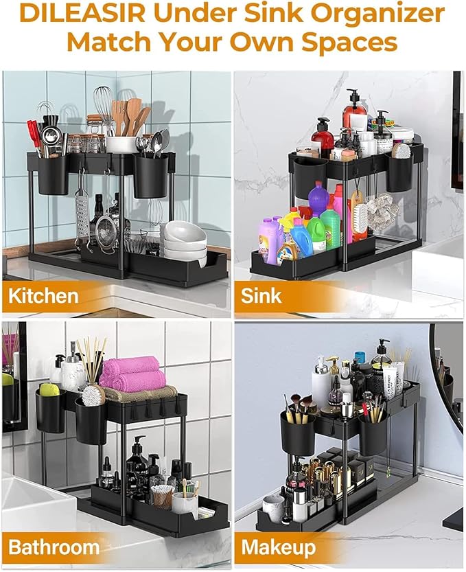 2 Pack Under Sink Organizers and Storage Bathroom, 2 Tier Under Sliding Kicthen Cabinet Basket Organizer with Hooks, Hanging Cup, Dividers, Handles, Multi-purpose Under Sink Shelf Organizer