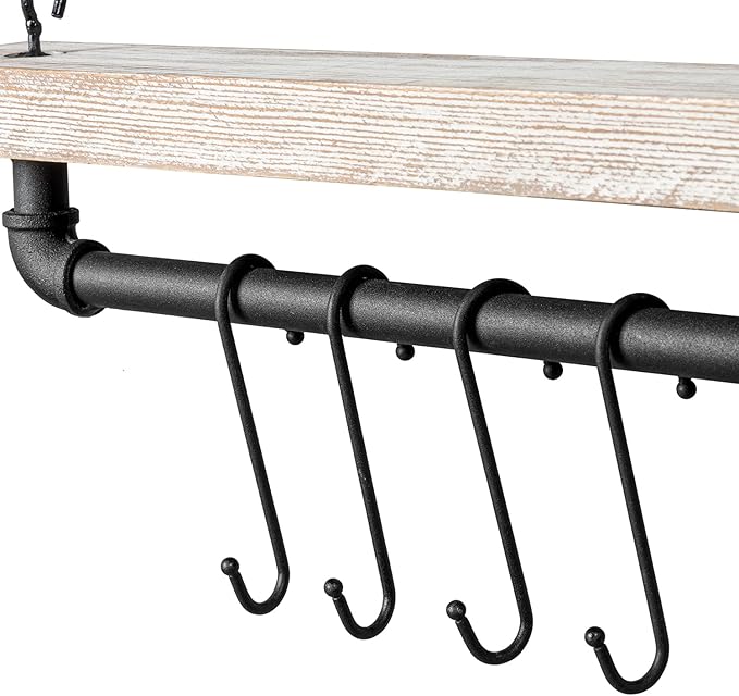 MyGift 30 Inch Ceiling or Wall Mounted Pot Rack with Shabby White Washed Solid Wood Shelf and Industrial Matte Black Metal Pipe, Hanging Cookware Utensils Organizer with 8 S-Hooks