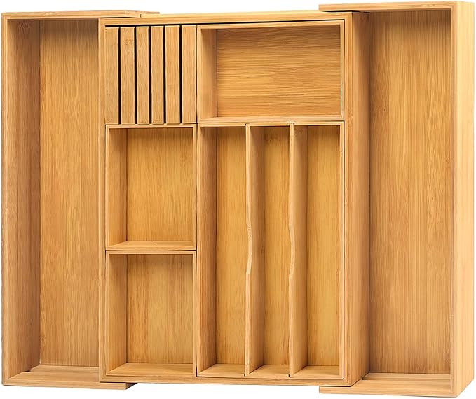 comfoyar Bamboo Kitchen Drawer Organizer, Expandable Silverware Cutlery Tray with Removable Grooved Drawer Dividers and Knife Block, for Flatware and Kitchen Utensils, 3-10 Slots Natural