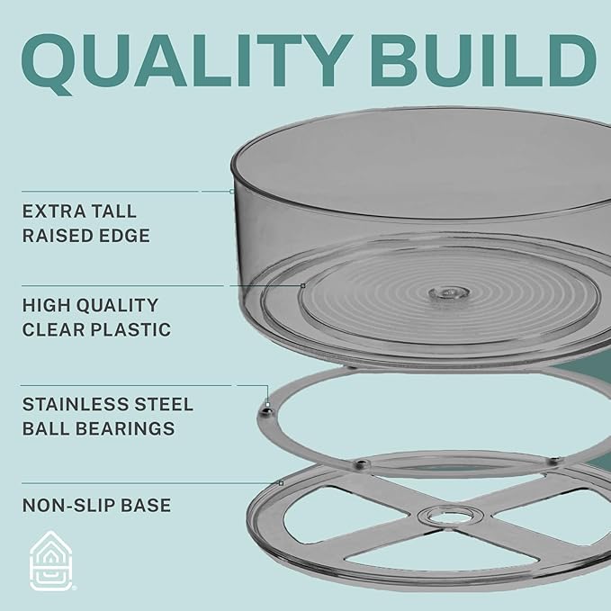Home Intuition Round Plastic Grey Lazy Susan Turntable Food Storage Container for Kitchen (9" Round, 1 Pack)