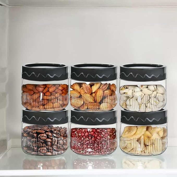 8.5oz Glass Jars with Lids Small Wide Mouth Jar Glass Black Snack Canister for Snack Pudding Yogurt Overnight Oats, 6pack