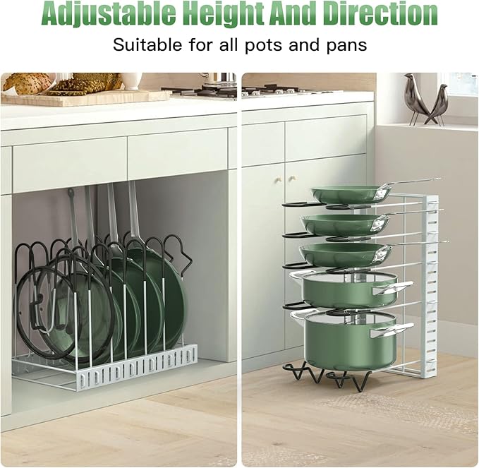 G-TING Pot Rack Organizers, 8 Tiers Pots and Pans Organizer for Kitchen Organization & Storage, Adjustable Pot Lid Holders & Pan Rack, Lid Organizer for Pots and Pans with 3 DIY Methods(Grey)