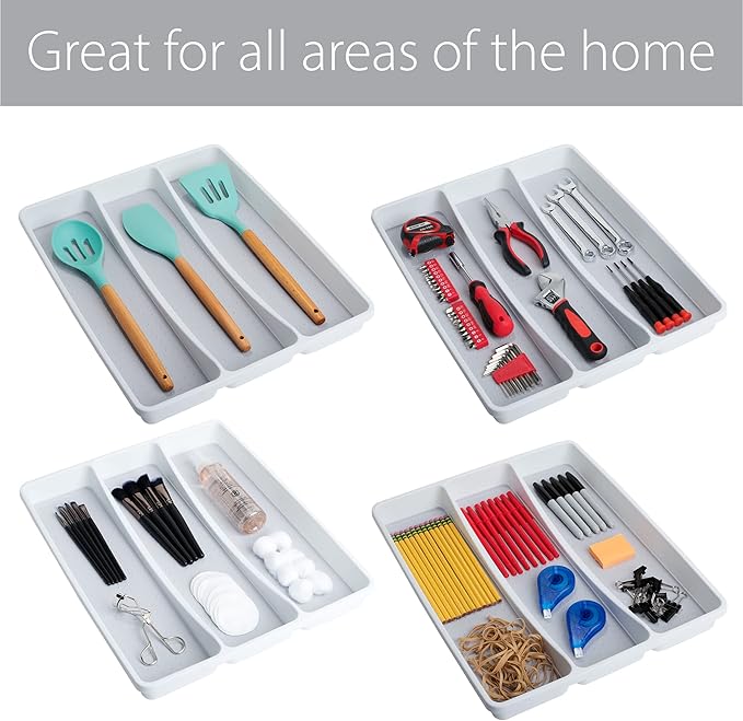 Smart Design 3-Compartment Plastic Drawer Organizer - Non-Slip Lining and Feet - BPA Free - Utensils, Flatware, Office, Personal Care, or Makeup Storage - Kitchen - White with Gray