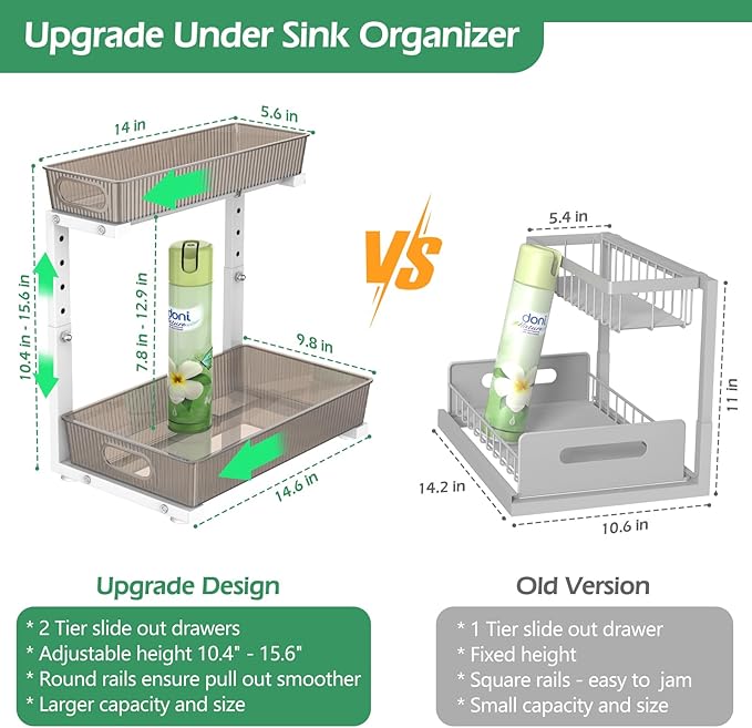 ADRIMER Under Sink Organizer 2 Packs, Pull Out Kitchen Sink Organizer, 2 Tier Slide Out Kitchen Organizers and Storage Bathroom Under Cabinet Storage Shelf, Grey