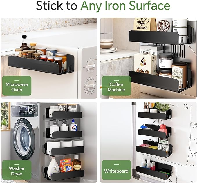 Magnetic Spice Rack for Refrigerator, Magnetic Shelf Fridge Spice Rack Organizer 2 Pack with 8 Hooks, Moveable Strong Magnetic Seasoning Organizer and Shelf for Kitchen Refrigerator Microwave