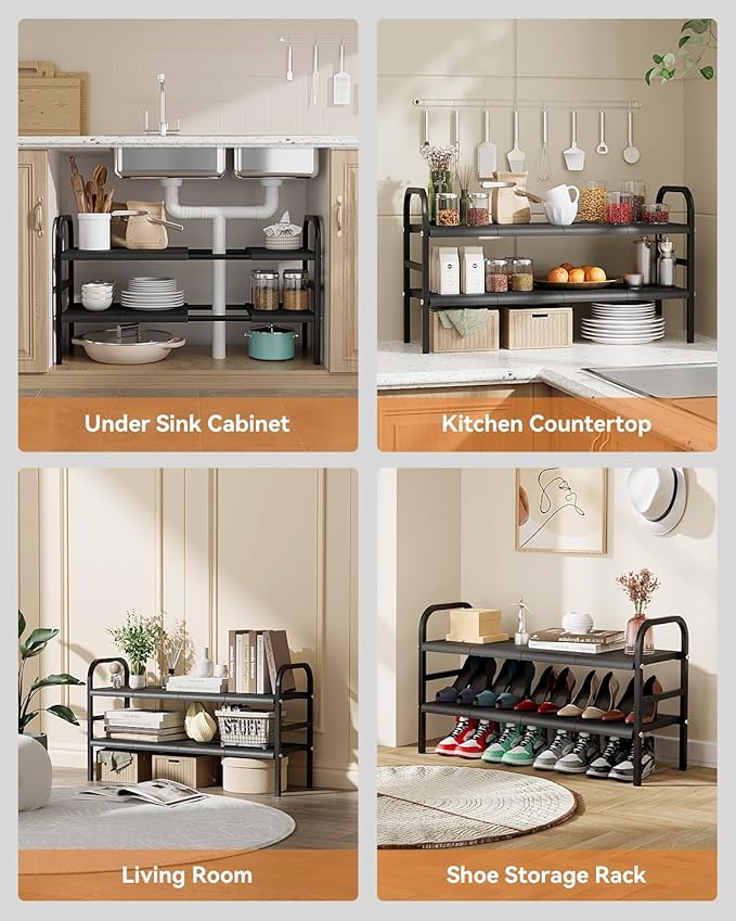 SUNZOS Under Sink Organizers, 2 Tier Expandable Cabinet Shelf Organizer with 8 Removable Panels, Under Counter Storage Organizer for Kitchen, Bathroom, Shoe Storage Rack