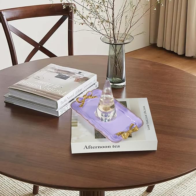 Vintage Decorative Tray Jewelry Tray Towel Tray Storage Tray Rings Necklace Bracelets Earrings Trays Cosmetics Jewelry Organizer Retro Design Bow Decor Resin Plate Coquette Room Decor (Purple)