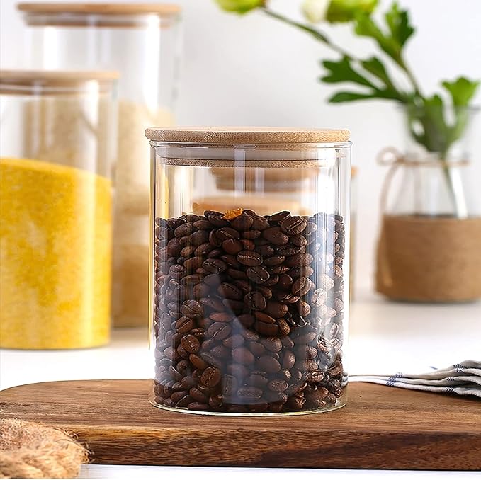 4 Pack Glass Storage Jars with Airtight Bamboo Lid, 27 OZ Glass Kitchen Canisters, Clear Container for Coffee Bean Storage, Dry Goods, Cookie, Candy, Tea, Spices and More