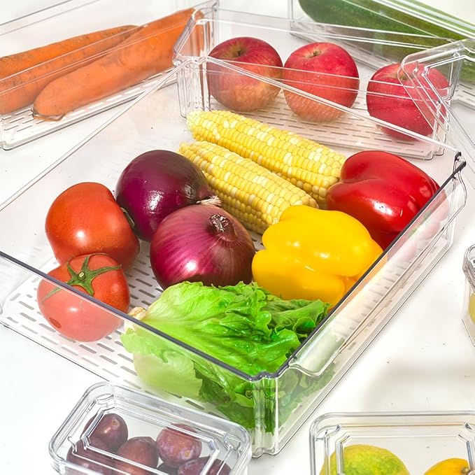 Stackable Refrigerator Organizer Bins with Lids, Fridge Organization and Storage Containers, BPA-Free Plastic Pantry Bins for Fruits, Vegetable, Drinks With Drain Tray, Set Of 10