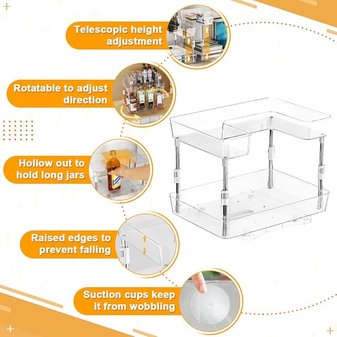 2 Pack Lazy Susan Turntable Organizer 2 Tier, 360° Rotating Condiment Organizer, Refrigerator Organizers and Storage for Cabinet, Kitchen, Countertop, Bathroom, Vanity, Non-Slip Base, Clear