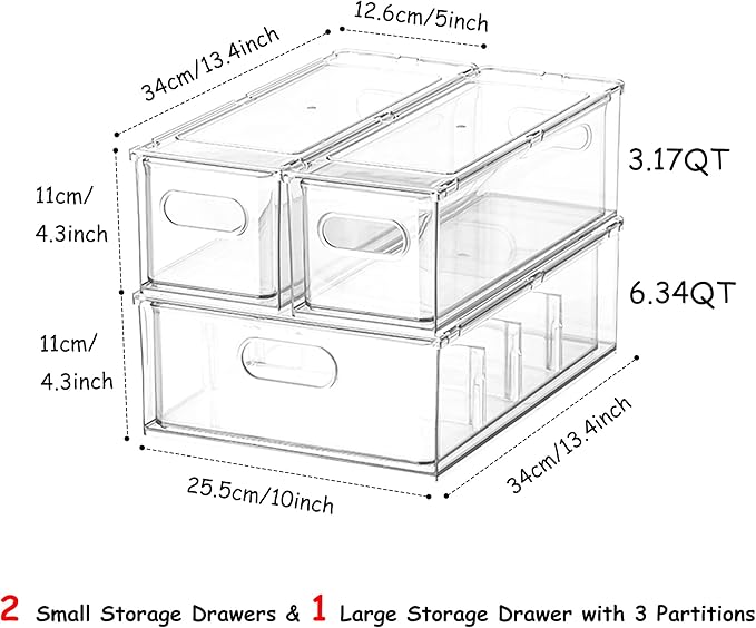 3 Pack Refrigerator Organizer Bins with Pull-out Drawer, Stackable Fridge Drawer Organizer Set with Handle, Clear Plastic Food Storage Containers for Freezer, Cabinet, Kitchen, Pantry