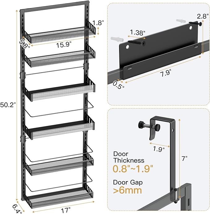 Over the Door Pantry Organizer, 6-Tier Large Wall Mounted Storage Spice Rack, 2 in 1 Heavy-Duty Metal Adjustable Hanging Baskets for Pantry, Bedroom, Bathroom, Living Room, Kitchen