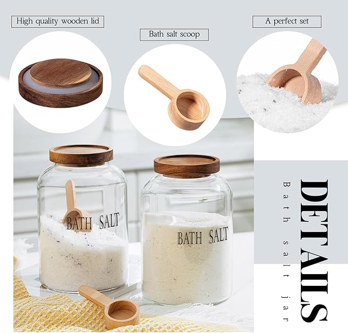 1 Sets 74 oz Large Bath Salt Container with Wooden Scoop for Glass Bath Salt Jar with Airtight Lid Storage Canister for Food, Flour, Sugar, Cookie, Kitchen