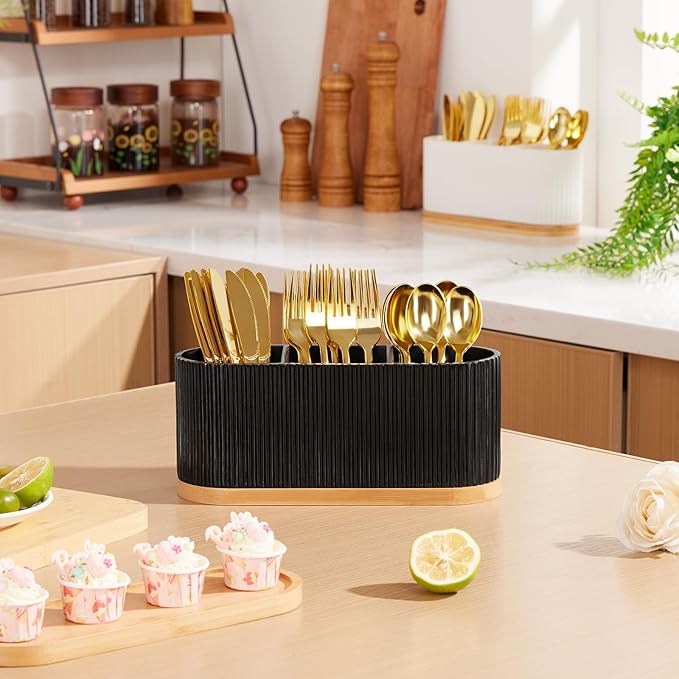 Countertop Silverware Holder, Silverware Caddy Organizer Holder for Forks, Spoons, Knives, Cutlery Caddy with 3 Compartments, Kitchen Utensil Holder for Party, Countertop, Black