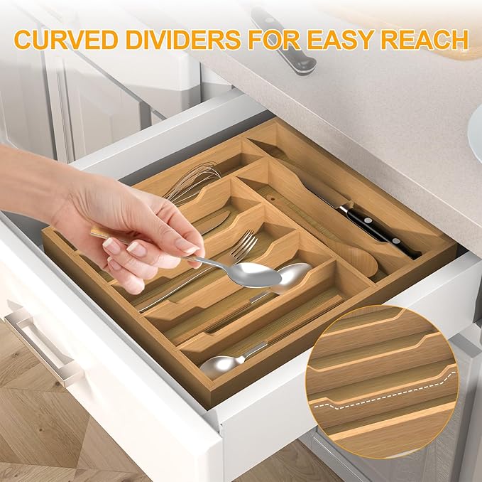 Bamboo Kitchen Drawer Organizer, Utensils Organizer Cutlery Tray Holder, 7-Slot Drawer Divider for Silverware, Flatware