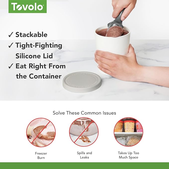 Tovolo Stackable Sweet Treat Ice Cream Tub With Tight-Fitting Silicone Lid, Freezer Storage Container for Sorbet & Gelato, BPA-Free & Dishwasher-Safe, Oyster Gray