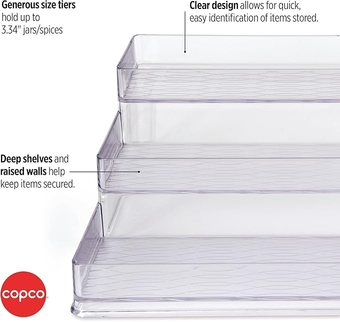 Copco 3 Tier Clear Stadium Organizer with Deep Shelves Versatile Storage for Spices Pantry and Supplies Durable Plastic 3.75 Inch Shelves